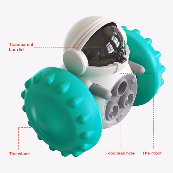 Fun robot-shaped dog separation anxiety toy with big bumpy wheels, a clear lid, and treat-dispensing holes to keep dogs happy and busy.